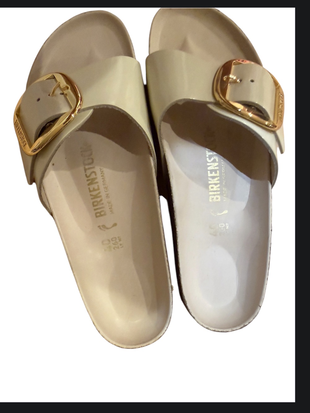 Birkenstocks gold big buckle ivory leather